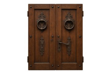 Ornate double wooden door with antique iron hardware, ring knocker, and handle, transparent background