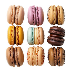 Colorful array of macarons arranged in a grid showcasing various flavors and textures in a fun display on transparent background