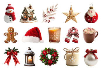 PNG Festive Christmas holiday decorations collection, element set on transparent background