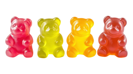 Four bears of different colors sit on a white background