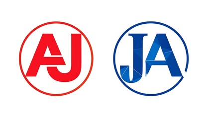 Two circular designs, one with red "AJ" and the other with blue "JA," each letter bold within a circle. Background is white