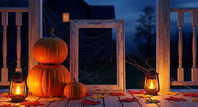 Halloween night porch scene with glowing stacked pumpkins, vintage lanterns, scattered autumn leaves, and an empty frame, evoking a cozy and eerie mood.