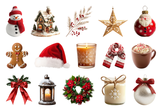 PNG Festive Christmas holiday decorations collection, element set on transparent background