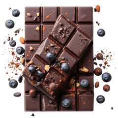 Rich dark chocolate with blueberries and nuts arranged on a white surface on transparent background