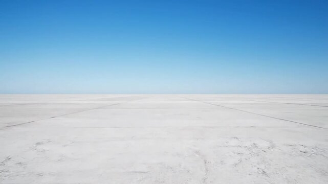 A flat concrete surface stretches toward the horizon under a clear, cloudless blue sky