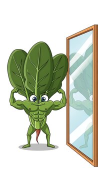 Strong Spinach Character Flexing Muscles in Mirror.