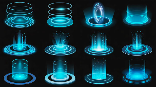 Collection of Twelve Glowing Blue Futuristic Portals and Teleportation Circles on Black Background Keywords: portal, teleportation, sci-fi, futuristic, technology, digital, abstract