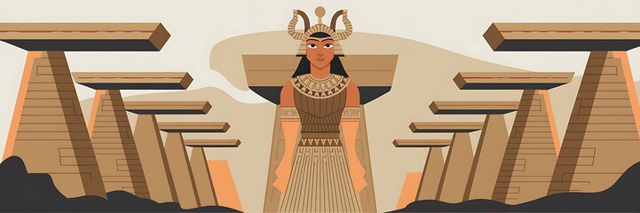 Sumerian goddess Inanna Ishtar divine queen of heaven fertility love standing before grand Anunnaki temple Mesopotamian architecture detailed ancient structure spiritual art 2D cartoon illustration