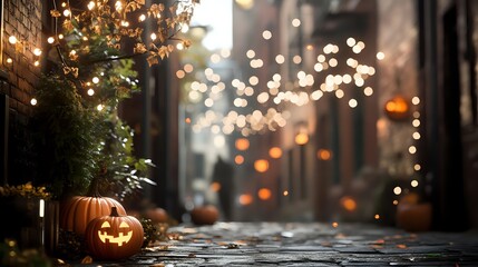 Atmospheric cobblestone alley decorated for Halloween with glowing jack-o'-lantern pumpkins and twinkling fairy lights creating magical autumn ambiance.