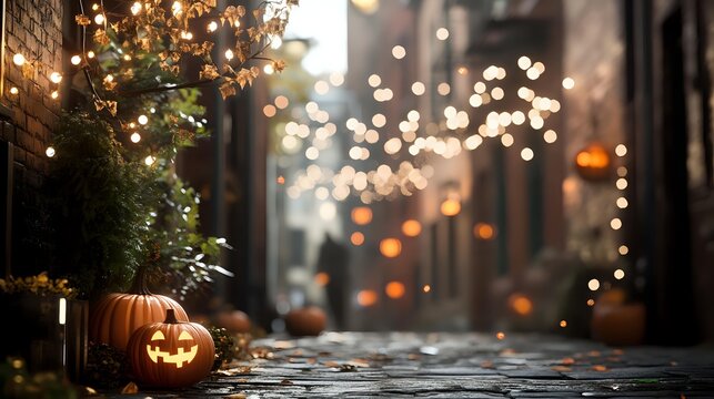 Atmospheric cobblestone alley decorated for Halloween with glowing jack-o'-lantern pumpkins and twinkling fairy lights creating magical autumn ambiance.