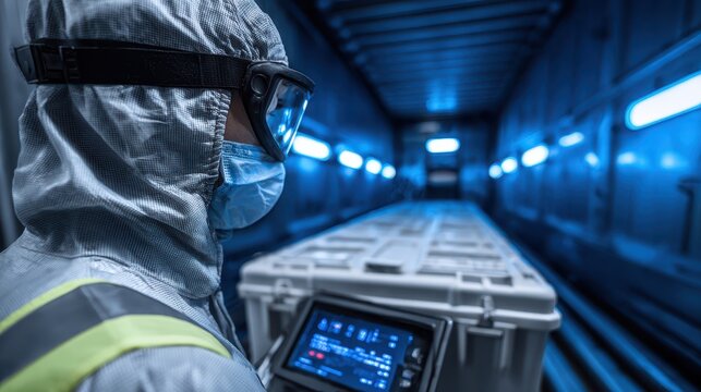 Individual in protective gear and goggles stands in a dimly lit industrial setting, observing a large, sealed container. Blue ambient light enhances the futuristic tone. No visible text