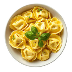 Delicious fresh tortellini served in a bowl with basil and light seasoning for an authentic Italian meal experience on transparent background