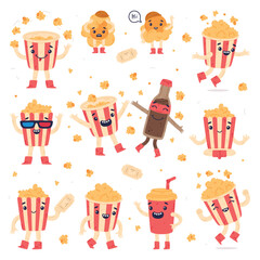 Funny Popcorn Character Enjoy Different Activity Vector Set