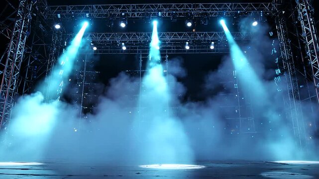 Blue spotlights illuminate a misty empty concert stage with metal truss structures
