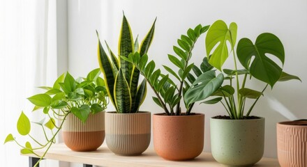 Obraz premium Collection of diverse indoor houseplants in stylish ceramic pots on a shelf