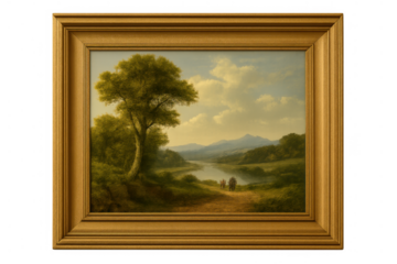 Idyllic landscape oil painting in a golden ornate picture frame, showing a winding river and people on a path, transparent background