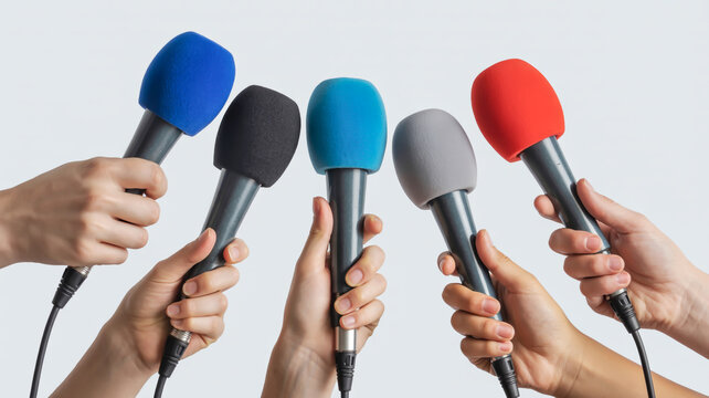 Five hands holding microphones with different colored foam covers against a white background group interview