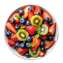 Colorful fruit bowl filled with fresh strawberries, blueberries, kiwis, and mint leaves ready for a summer snack on transparent background