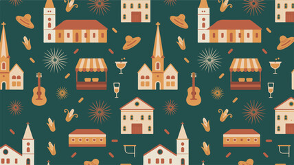 Festive Pattern of Buildings, Guitars, and Hats on Dark Green Background celebration festival