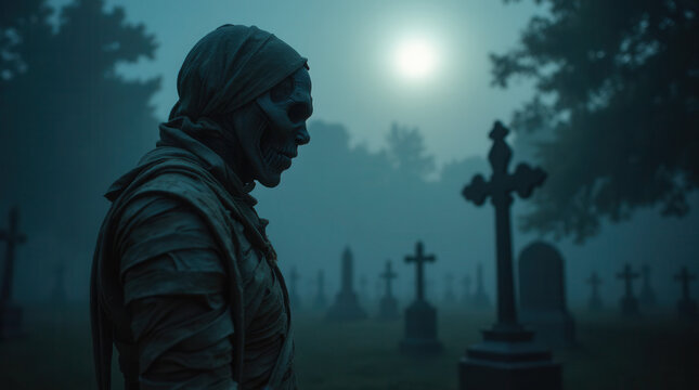 Mysterious figure in shrouded attire standing in eerie graveyard at night  