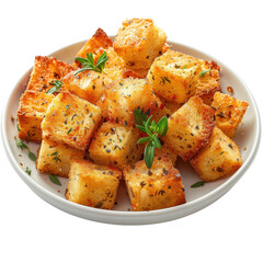Perfectly golden garlic croutons served on a white plate for a delightful addition to salads or soups on transparent background
