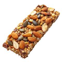 Nut bar made with various nuts and seeds displayed on a white surface ready for a healthy snack on transparent background