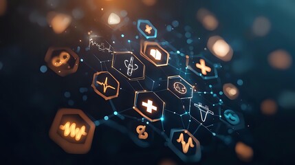 Futuristic medical technology concept with glowing healthcare icons in hexagonal shapes connected by digital network on dark blue background with bokeh effect.