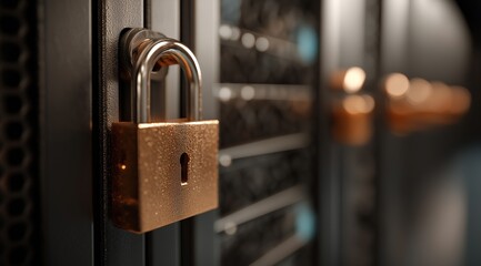 Cyber security padlock on server door with colorful bokeh lights