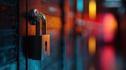 Cyber security padlock on server door with colorful bokeh lights