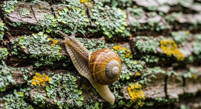 Close-up of a snail with a brown shell slowly crawling on a mossy tree trunk in a forest.