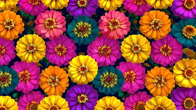 Vibrant, colorful zinnia flowers form a dense, seamless pattern on a dark background