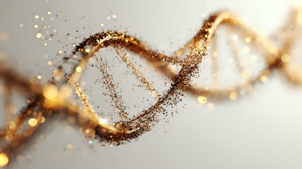 Golden DNA helix structure with sparkling particles against light background, representing genetic science and biotechnology research.