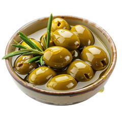 Green olives in a bowl with olive oil and a sprig of rosemary fresh from the kitchen on transparent background