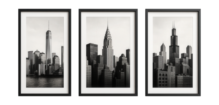 Set of black and white cityscape artworks, perfect for a minimalist living space.