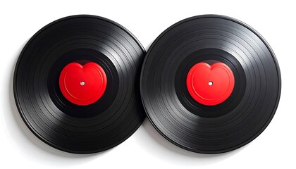 Two black vintage audio records with red heart-shaped center labels on a bright white background, suggesting music romance