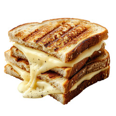 Melted cheese oozing from perfectly toasted sandwich stacked on a plain background on transparent background