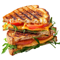 Grilled cheese sandwich with tomatoes and arugula served on toasted bread, perfect for lunch or a snack option on transparent background