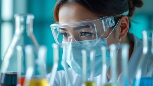 Researcher woman analyzing test tubes containing colored liquids in a modern laboratory. Scientist wearing a mask and protective goggles working with test tubes in a biochemistry lab