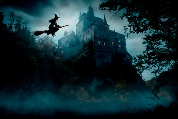 Eine Hexe fliegt mit einem Hexenbesen bei Nacht vor einer Burg vorbei