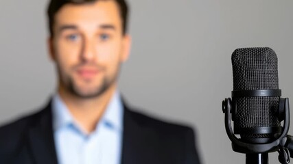 Professional speaker delivering impactful message in front of microphone with blurred background focusing on engagement