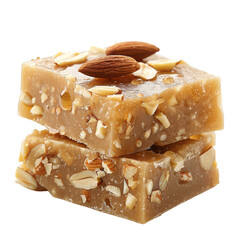 Homemade almond fudge with nut pieces stacked on a clean surface on transparent background