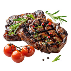 Grilled steak with herbs and cherry tomatoes on a white background celebrating savory flavors on transparent background
