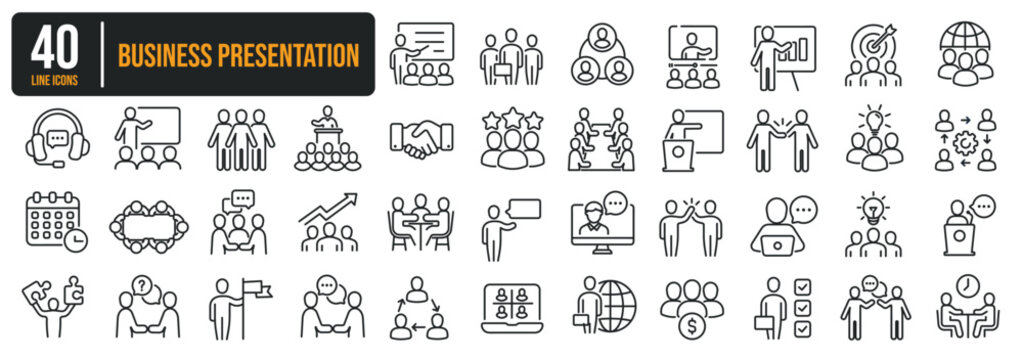 Set of collection thin line icons related Business Presentation, Meeting, Workshop. The icon can be used for website, infographic, user interface, app, banner, logo, brochure etc transparent backgroun