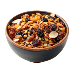 Healthy granola mix in a dark bowl with nuts and dried fruits for a nutritious breakfast option on transparent background