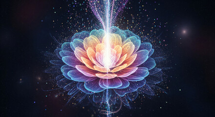 Obraz premium Glowing Cosmic Flower Made of Radiant Light with Aura and Ethereal Energy Flowing from the Center Symbolizing Spiritual Awakening and Divine Harmony JPG