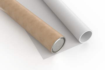 3D Realistic cardboard tube mockup with cap and rolled white poster inside, isolated. Blank kraft paper tube for showcasing artwork, poster, shipping posters, artwork, documents or parcel packaging
