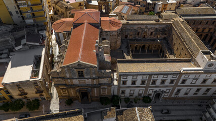 Aerial view of the College Church located in the historic center of Sciacca, in the province of Agrigento, Sicily, Italy. It is located next to the city hall.
