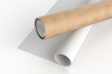 3D Realistic cardboard tube mockup with cap and rolled white poster inside, isolated. Blank kraft paper tube for showcasing artwork, poster, shipping posters, artwork, documents or parcel packaging