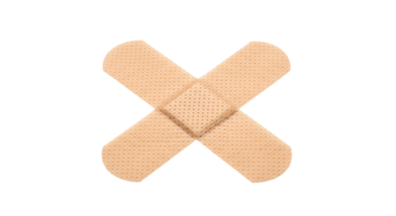 Two beige adhesive bandages crossed over each other isolated on transparent background