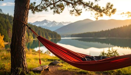 Tranquil lakeside scene. A red hammock hangs from a tree, overlooking a still lake. Mountains and golden sunset in background. Lush green trees line the shore